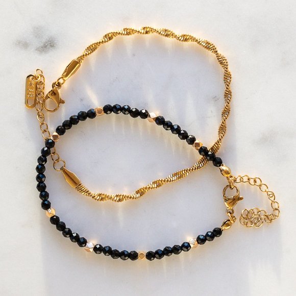 Bundle Bracelet Stack Black Spinel Beaded Bracelet & Gold Twist Chain Bracelet - Picture 1 of 7